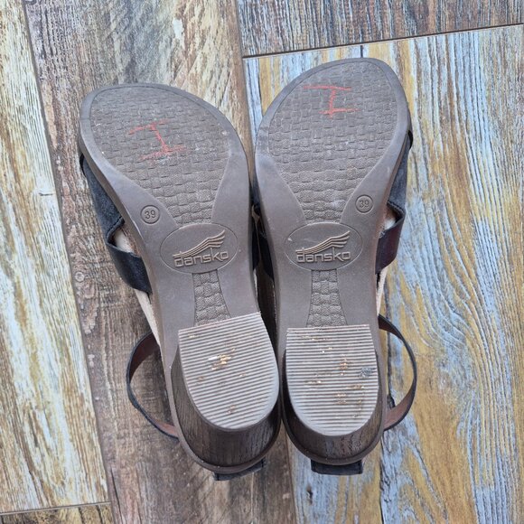 Dansko Dominique T-strap 3" Block Heel Sandals Cork Midsole Black Leather - Picture 8 of 9